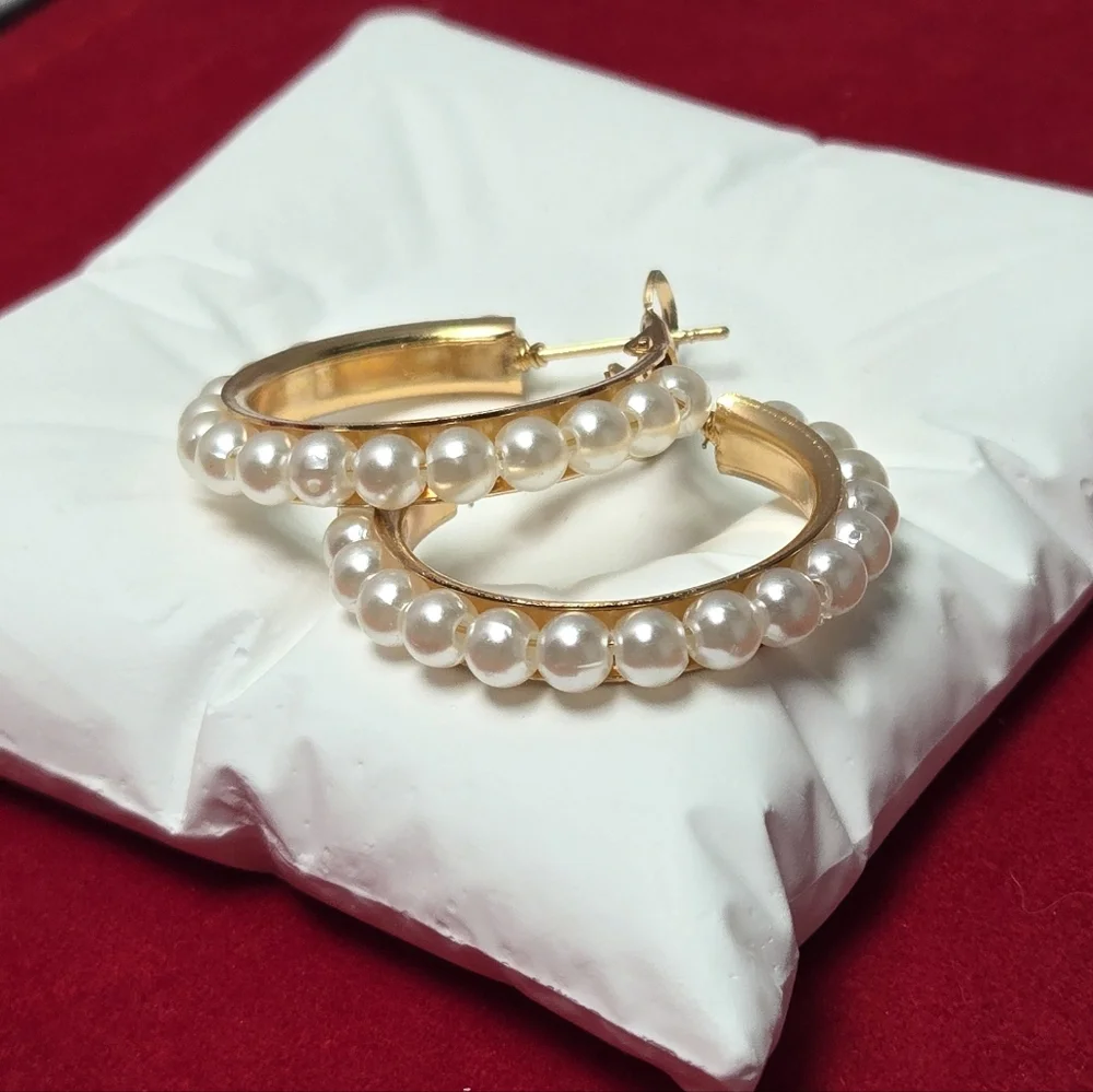 Gold Pearl Hoop Earrings Faux Pearl Trim Hinged Hoops Elegant Quiet Luxury Chic